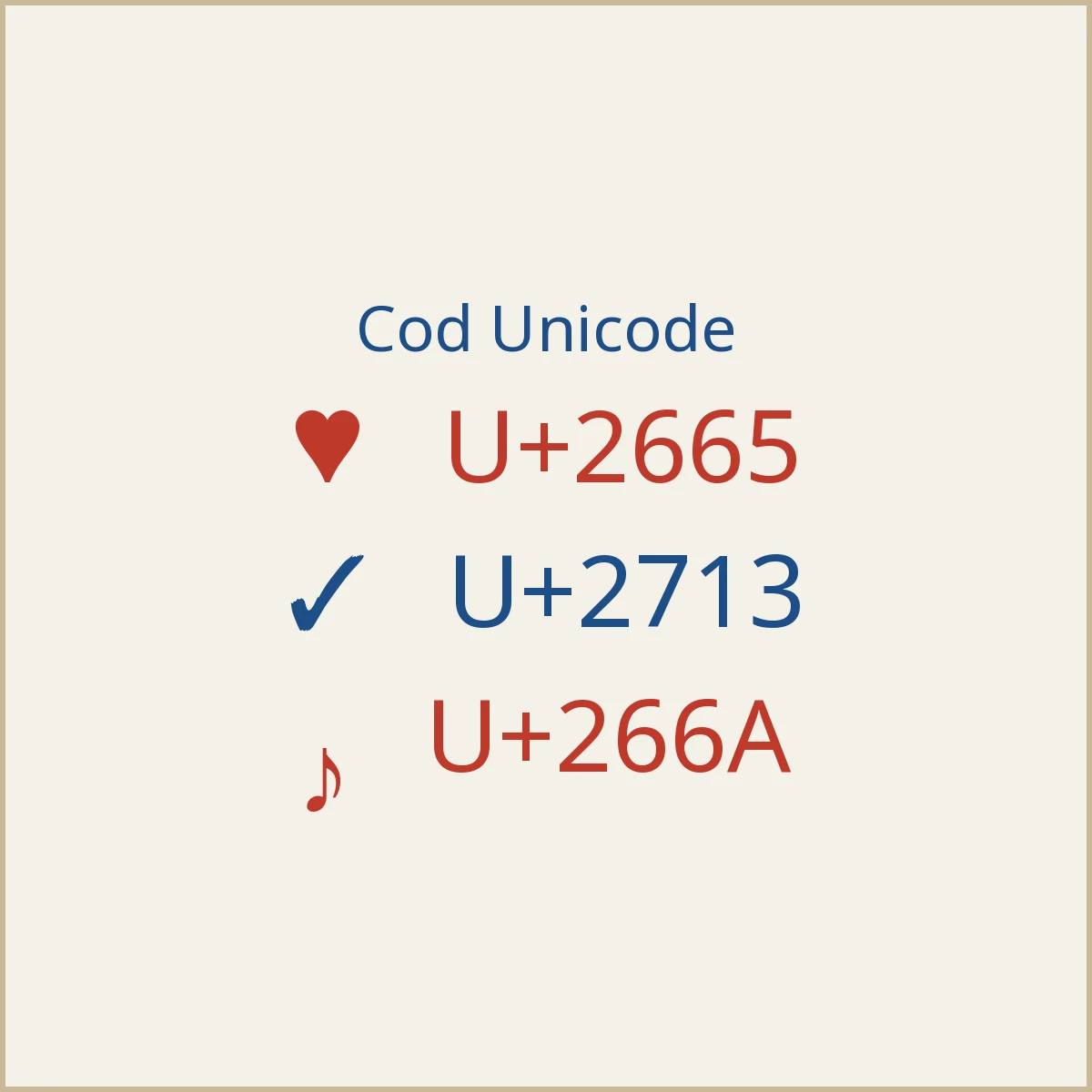 Coduri Unicode pentru ♥, ✓ și ♪