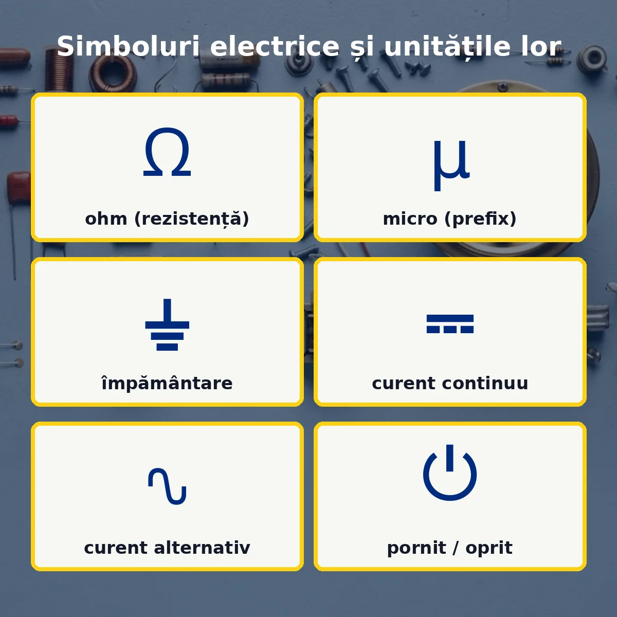 Simboluri electrice: ohm, micro, împământare, curent continuu, curent alternativ și pornit/oprit